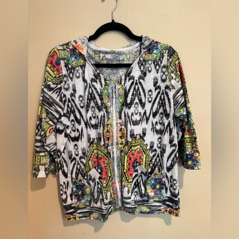Onque Casuals Sequin Zip Hoodie - White with Black, Yellow & Coral Accents